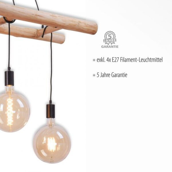 Hängelampe Skandinavisch Holz 110 cm lang E27 natürlich
