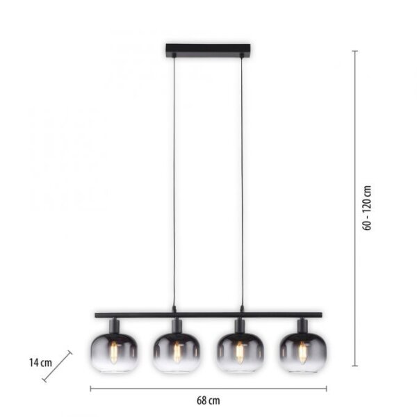 Pendelleuchte Glas Metall Rauchgrau Schwarz E14 L:68 cm