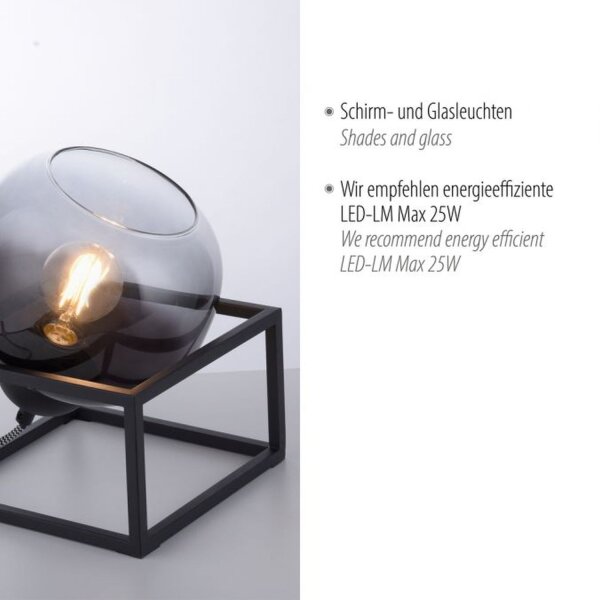 Tischlampe Glasschirm Rauchgrau Schwarz E27 23 cm klein