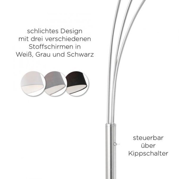Gemütliche Bogenleuchte Metall Stoff E27 190 cm 3-flmg