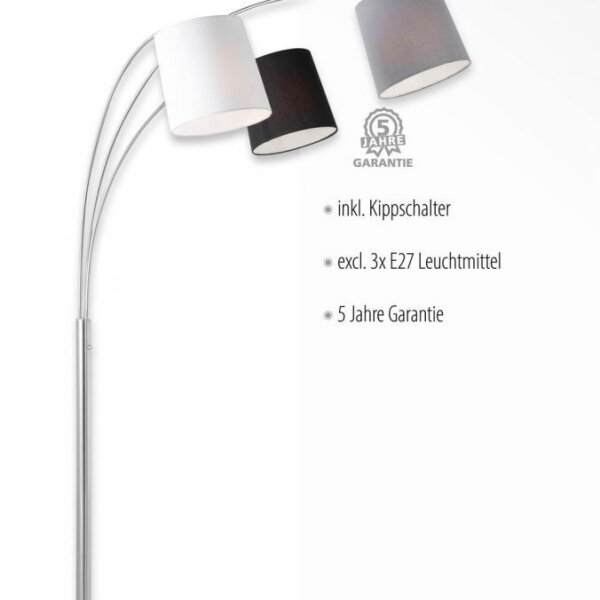 Gemütliche Bogenleuchte Metall Stoff E27 190 cm 3-flmg
