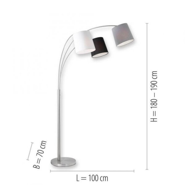 Gemütliche Bogenleuchte Metall Stoff E27 190 cm 3-flmg