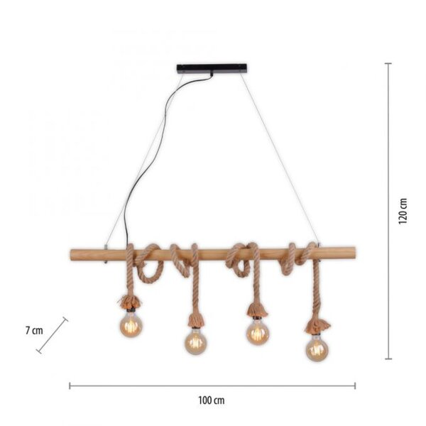 Vintage Pendelleuchte Holzbalken Tau Seil E27 100 cm