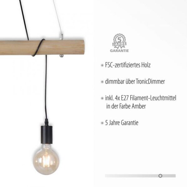 Lange Pendelleuchte Holzbalken 100 cm inkl E27 2700 K