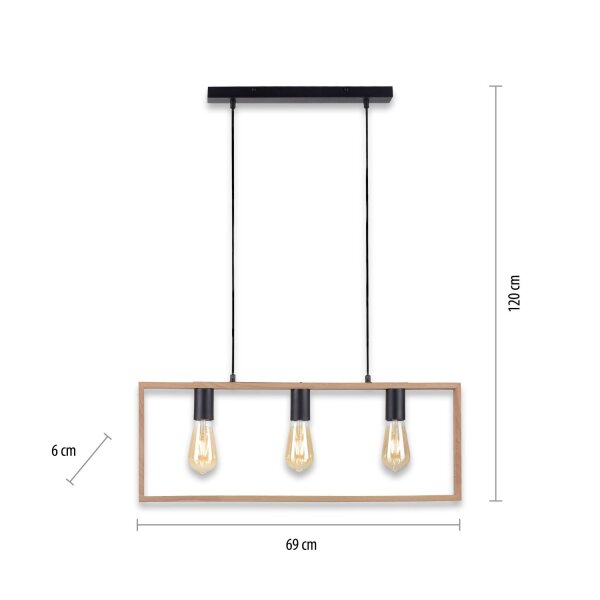 Natürliche Hängelampe Retro Holz Metall L:69 cm 3-flmg