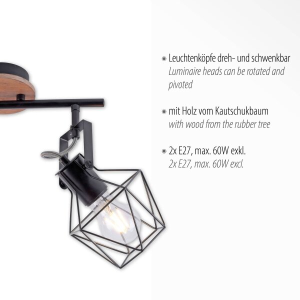 Flexibler Deckenspot Holz Metall Schwarz E27 Vintage