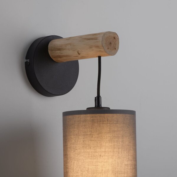 Gemütliche Wandleuchte Stoffschirm Holz H:29,5 cm E27