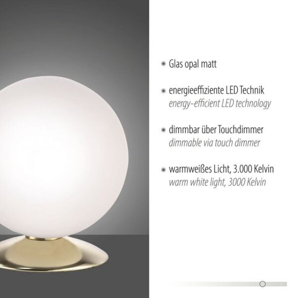 LED Tischleuchte in Messing Glasschirm 3000 K dimmbar