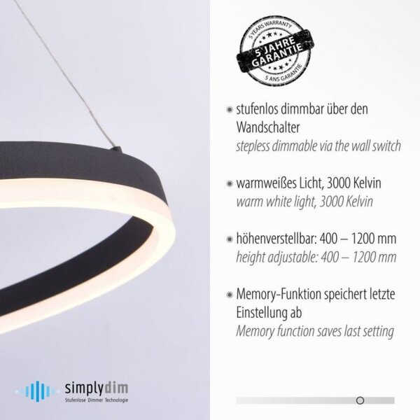 LED Pendelleuchte Anthrazit dimmbar 3000 K Ø60 cm Ring