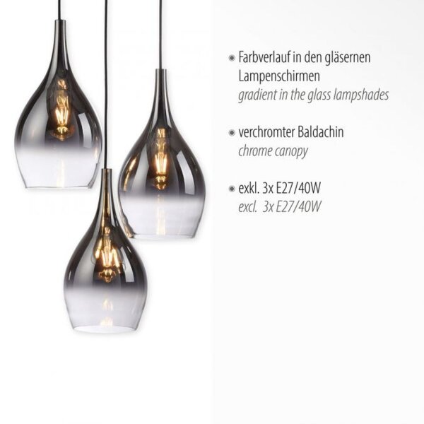 Stilvolle Pendelleuchte Glas Chrom Anthrazit E27 3-flmg