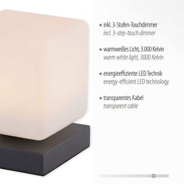 LED Tischleuchte Anthrazit Glas 16 cm 580 lm dimmbar