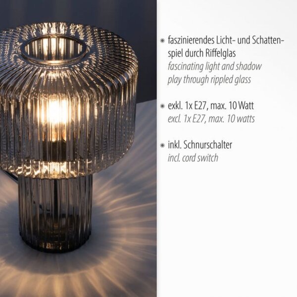 Dekorative Tischleuchte Rauchglas E27 35 cm Pilz Retro