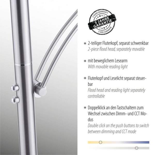 LED Stehlampe mit Lesearm in Stahl Glas 200 cm 5770 lm