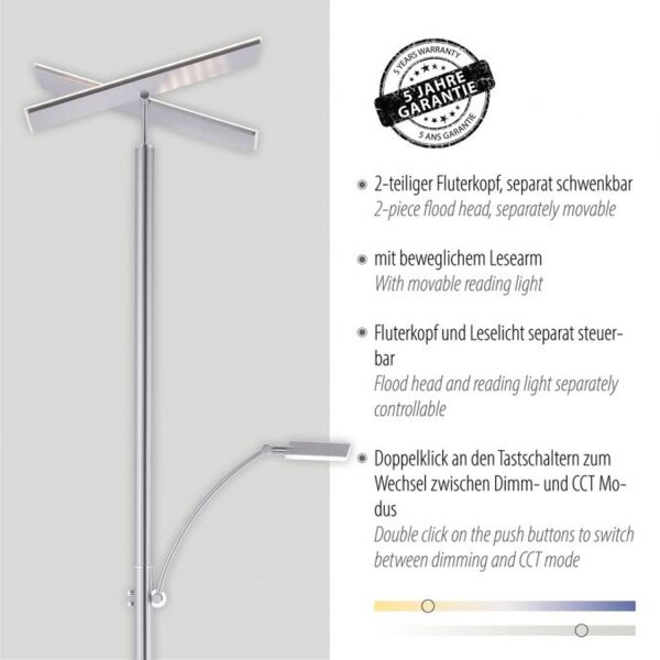 LED Stehlampe dimmbar Leselicht in Stahl Glas 199 cm
