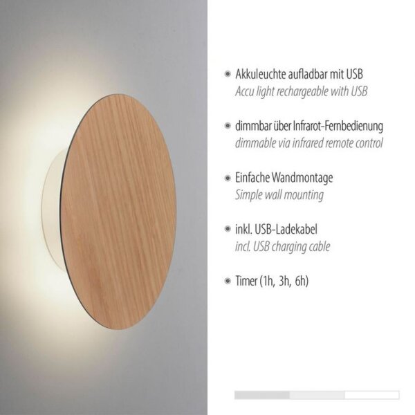LED Akku Wandlampe Holz dimmbar Fernbedienung Timer 1 W