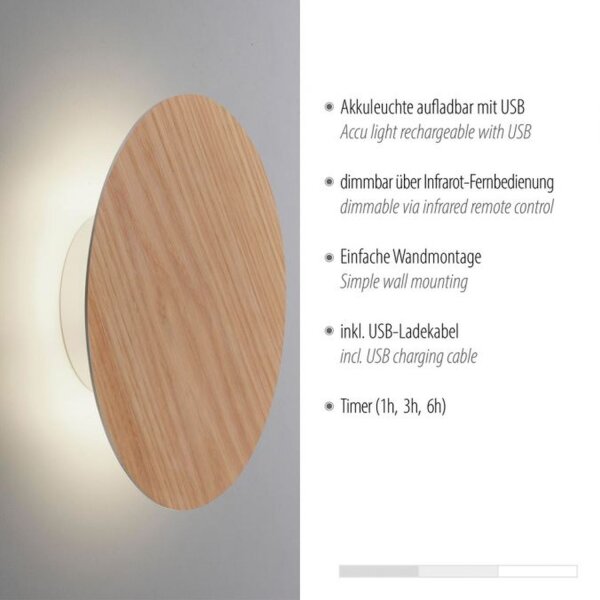 Dimmbare LED Akku Wandlampe Fernbedienung Eichenholz