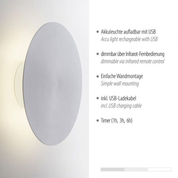 Dimmbare LED Akku Wandlampe Fernbedienung 1 W in Silber