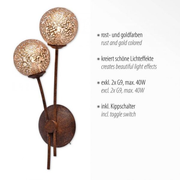 Wandleuchte Rustikal Rostbraun Gold H:44 cm G9 2-flmg