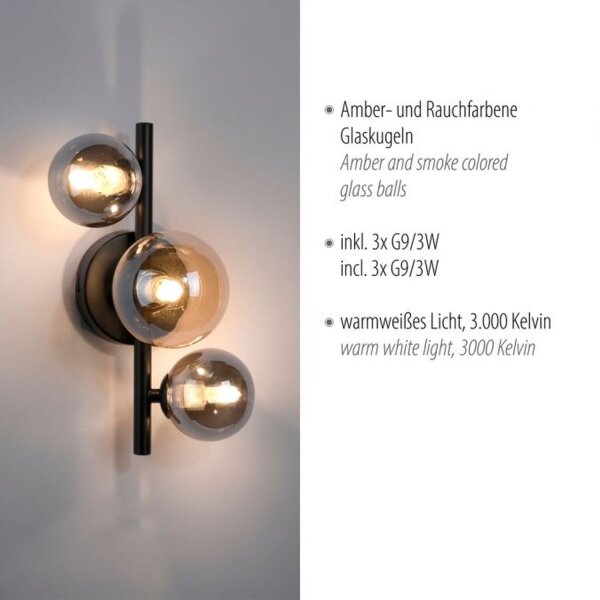 Wandlampe Kugeln Rauchgrau Bernstein Glas G9 H:28,5 cm