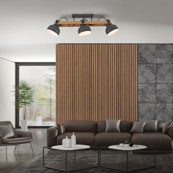 Deckenstrahler Holz Metall E27 96 cm 3-flammig flexibel