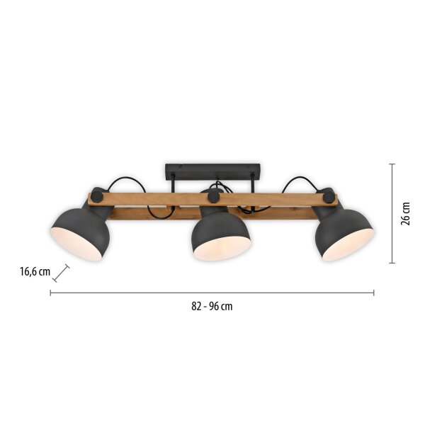 Deckenstrahler Holz Metall E27 96 cm 3-flammig flexibel
