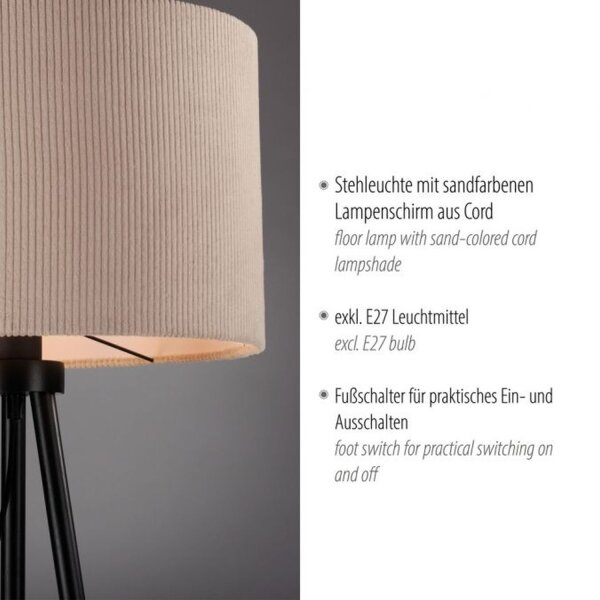 Dreibein Stehleuchte Stoff Beige blendarm E27 160 cm