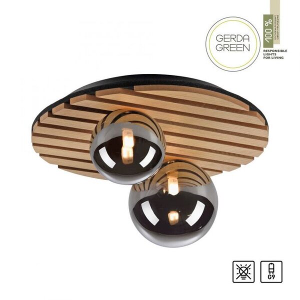Wohnliche Deckenlampe Glaskugeln Holz G9 Ø38,5 cm Natur