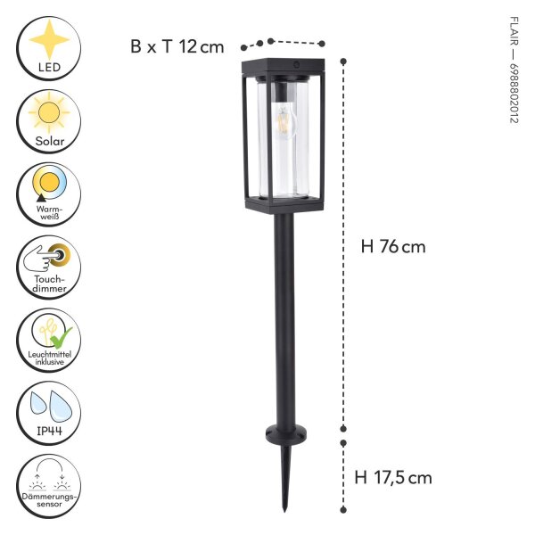 Sockelleuchte Schwarz Aluminium Glas E27 inkl IP44 76cm