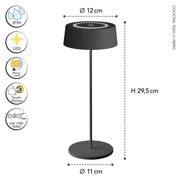 LED Akku Tischlampe Schwarz Touch Dimmer USB IP54 2 W