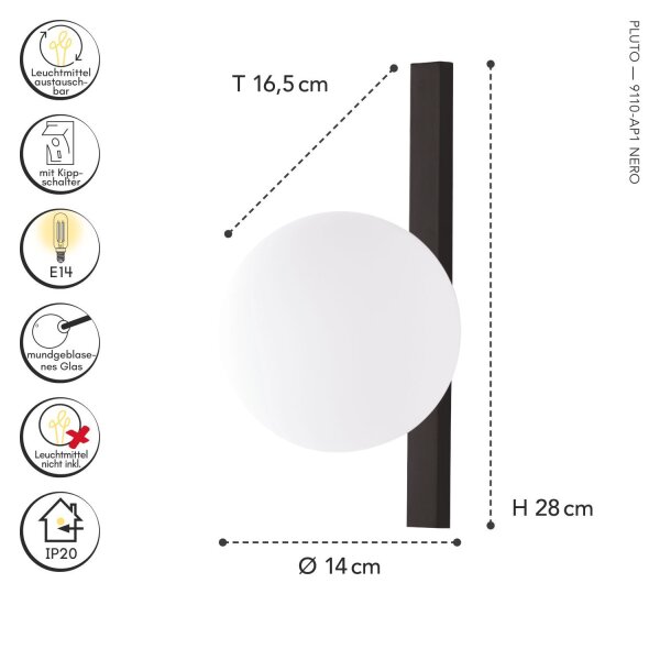 Wandlampe Schwarz Weiß Glaskugel E14 B:14 cm blendarm
