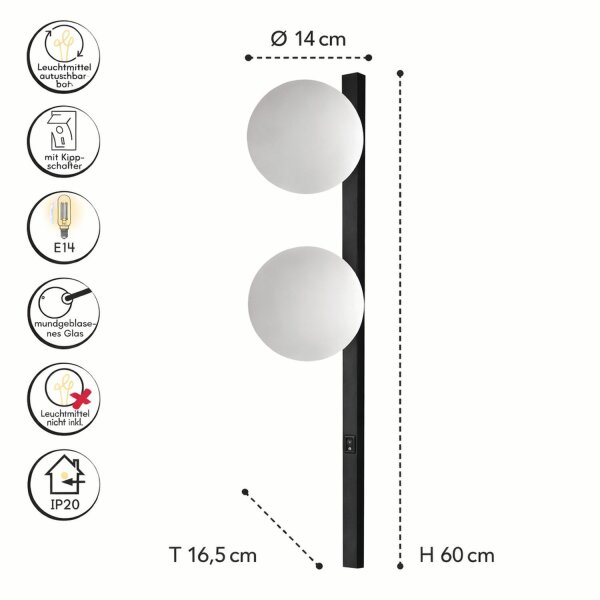 Wandlampe Glas Weiß Schwarz Schalter E14 60 cm 2-flmg