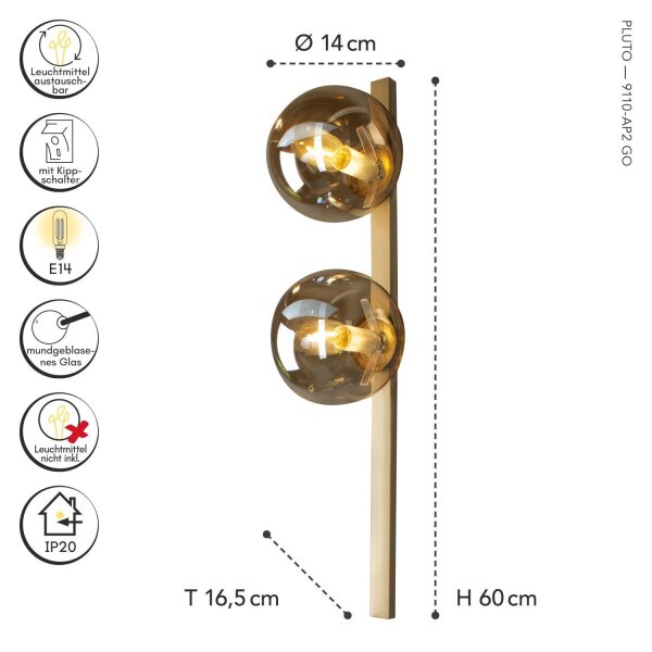 Wandlampe Bernstein Glas Schalter Gold E14 60 cm 2-flmg