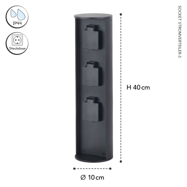 Gartensteckdose IP44 Metall Schwarz 3 fach 3500W 40cm