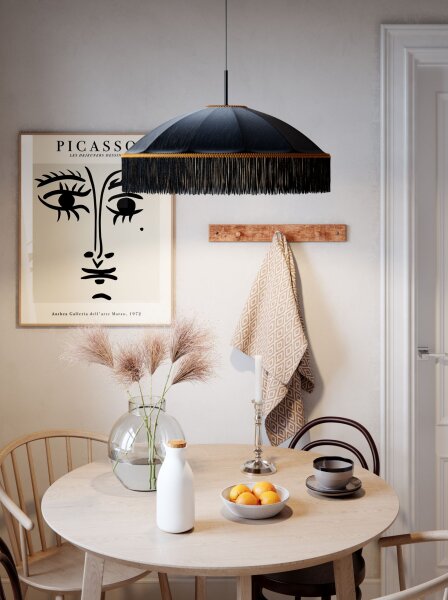 Hängelampe Stoffschirm Fransen D: 60 cm Schwarz Gold E27