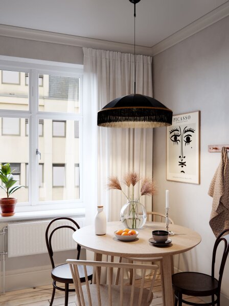 Hängelampe Stoffschirm Fransen D: 60 cm Schwarz Gold E27