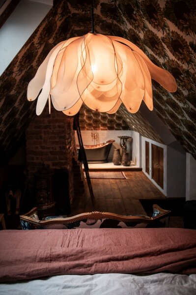 Hängelampe Stoff Metall E27 80 cm breit biegsam Natur