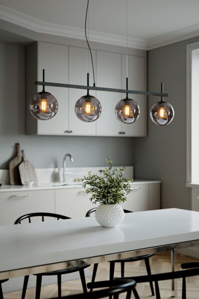 Pendelleuchte Schwarz Grau B: 117 cm Metall Rauchglas 4x E27