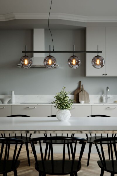 Pendelleuchte Schwarz Grau B: 117 cm Metall Rauchglas 4x E27
