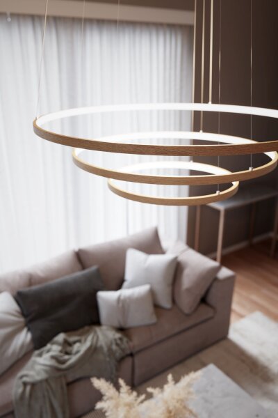 Kronleuchter LED B: 80 cm 3 Ringe Holz 2700 K warmweiß