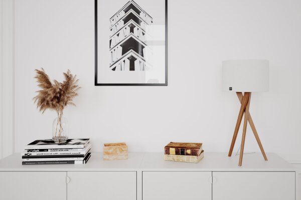 Tischleuchte Holz Stoff 55 cm Dreibein Eiche Weiß E27
