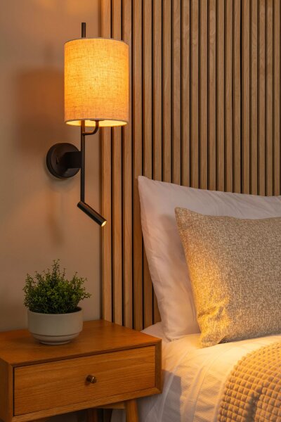 Wandlampe Stoff Metall Beige Schwarz Lesen E27 H:58 cm