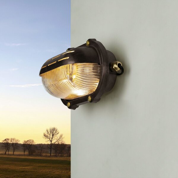 Wandlampe außen Echt-Messing Glas 21 cm breit IP64 E27