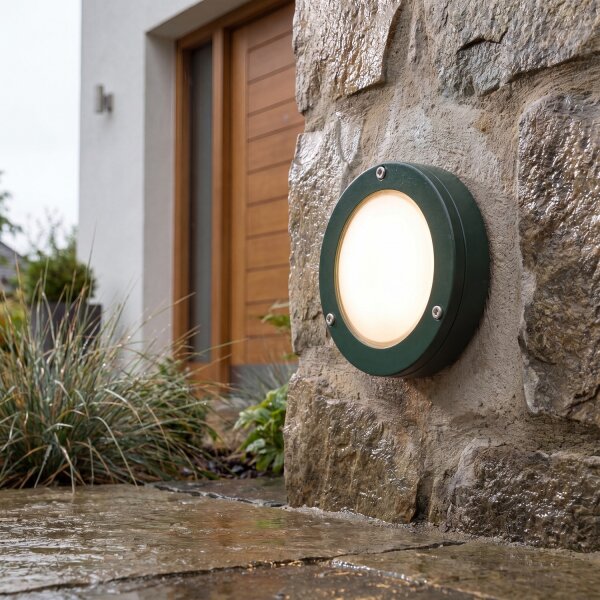 Kellerlampe Echt-Messing Glas G9 IP64 rund D: 14 cm