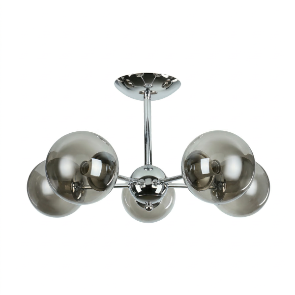 Deckenleuchte Chrom B: 60 cm Metall Rauchglas 5x E27 Kugel