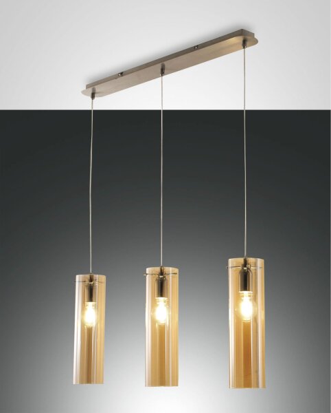 Pendelleuchte Bernstein E27 Glas Nickel L:83 cm
