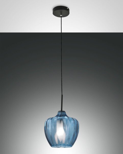 Pendelleuchte Azurblau E27 Glas rund Ø25 cm Schwarz