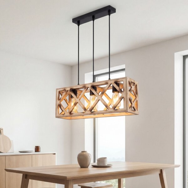 Hängeleuchte Metall Holz H: max. 105 cm E27 3-flammig