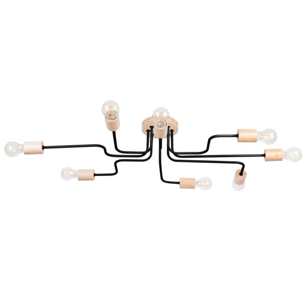 Deckenlampe Stahl Holz Schwarz E27 B:100 cm 8-flammig