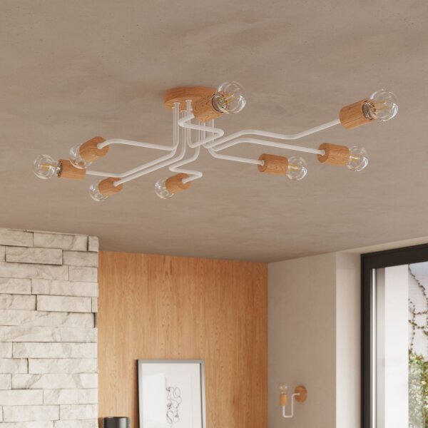 Deckenlampe Stahl Holz Weiß E27 B:100 cm 8-flammig