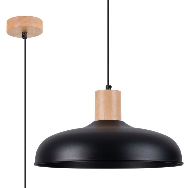 Stilvolle Hängelampe Holz Stahl Schwarz E27 rund Ø38 cm